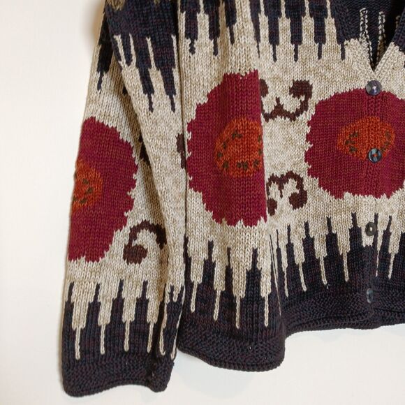 NOS VTG Peruvian Connection Poppies Art-Wear Pima Cotton Cardigan Sweater Sz Lg - Picture 5 of 10